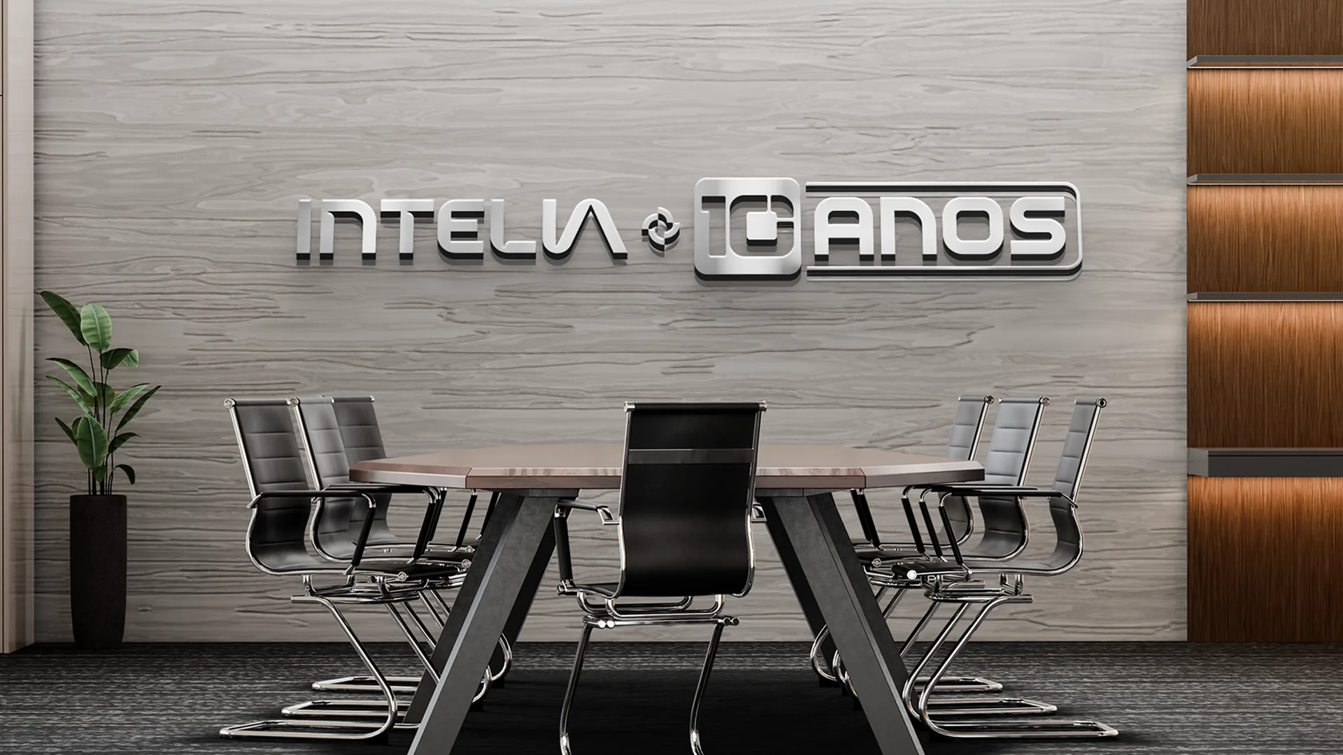 A mesma sala com o logo todo em metal